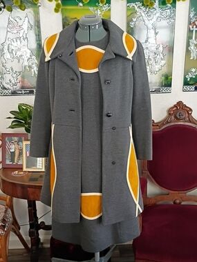 Lilli Ann Vintage 1960s Gray Wool And Orange Suede Dress And Matching Coat
